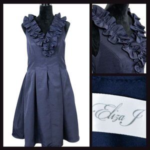 Nordstrom Eliza J Fit & Flare Sleeveless Navy Blue Dress w Ruffle Collar 10 Med